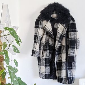 Plaid wool blend coat w/ removable faux fur collar